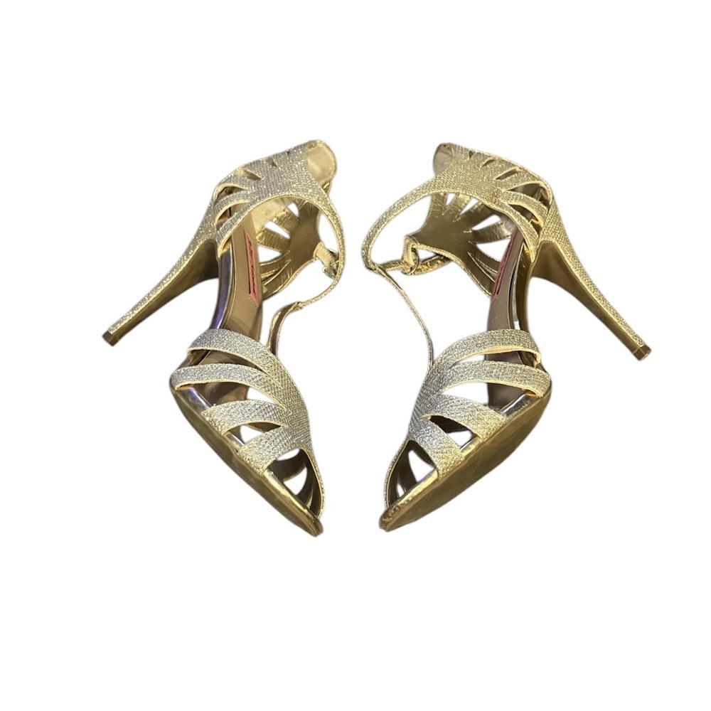 Betsey Johnson Gold Glitter T-Strap Open-Toe Stiletto Heels - Picture 7 of 14
